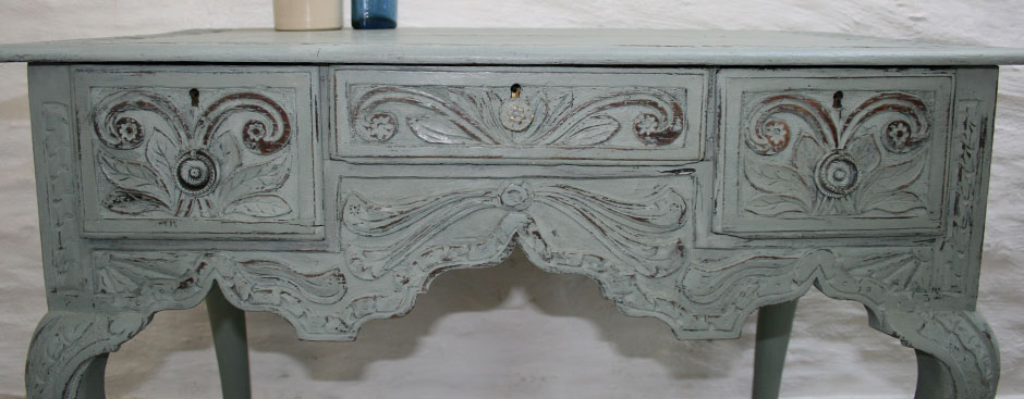 Pedran hand painted Rustic carved table or Lowboy