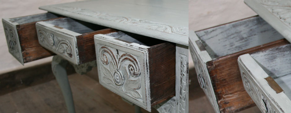Pedran hand painted Rustic carved table or Lowboy